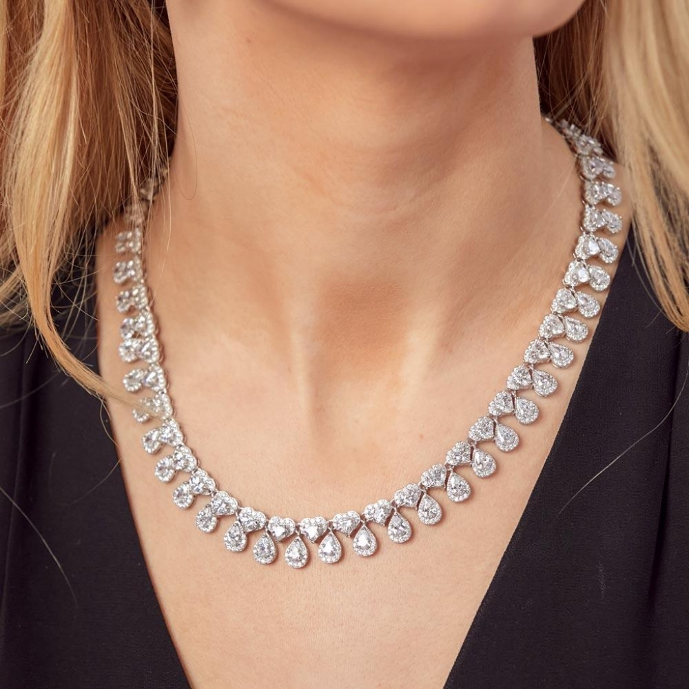 Rhodium Plated 925 Sterling Silver Teardrop Heart CZ Tennis Necklace - Picture 3 of 6